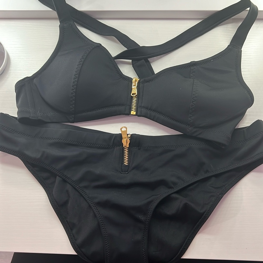 Two black gold zip up swimsuit, two-piece piece